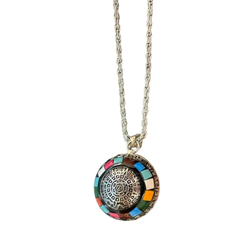 Vintage Mayan Aztec Sterling Silver Pendant Necklace Llamador Calendario sphere